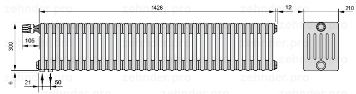 Схема (чертеж) Радиатор Zehnder Charleston 6030/31 №V001 Белый глянцевый RAL 9016
